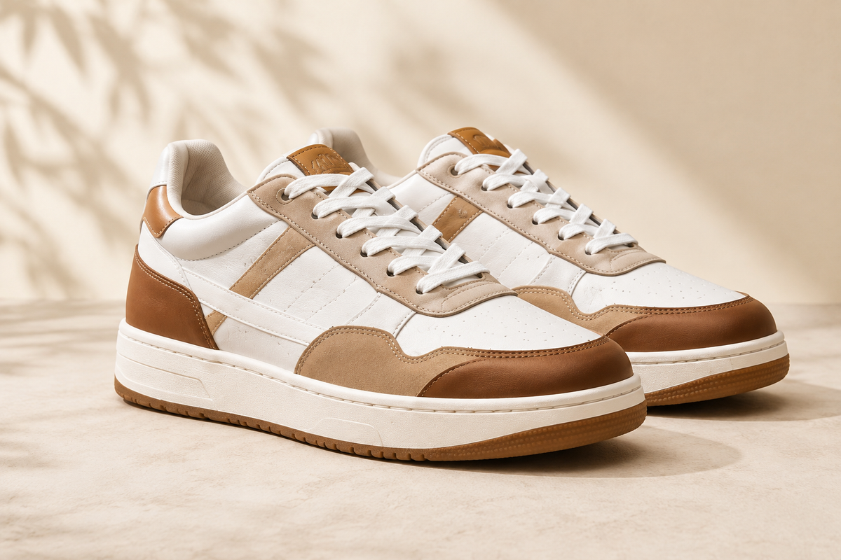 Baskets homme IVAREE beige, blanc et cognac en studio