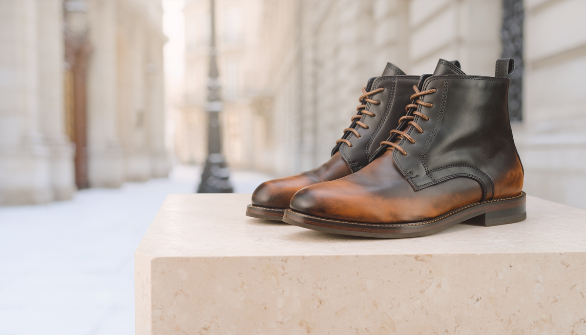 Bottines pour homme IVAREE en cuir brun sur pierre claire, visuel hero premium