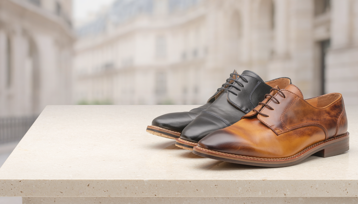 Derbies homme IVAREE en cuir noir et cognac sur pierre calcaire