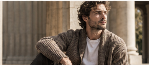 Homme portant un cardigan taupe dans un décor architectural IVAREE