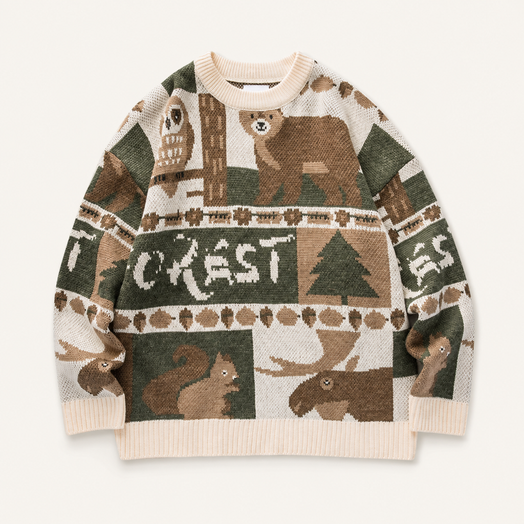 Pull en maille IVAREE blanc cassé à motifs animaux et forêt, packshot de face.