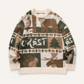 Pull en maille IVAREE blanc cassé à motifs animaux et forêt, packshot de face.