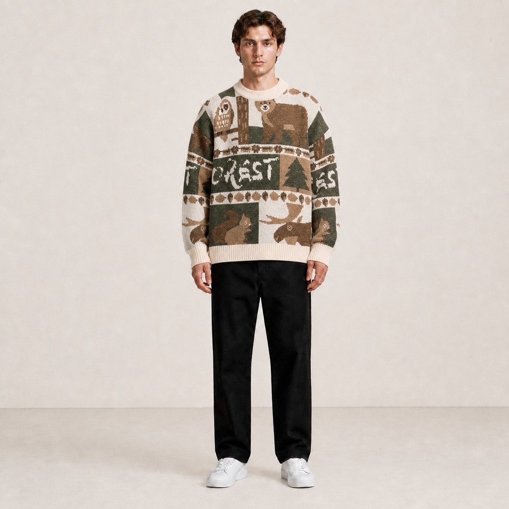 Pull blanc cassé à motifs animaux et forêt porté de face avec un pantalon noir.