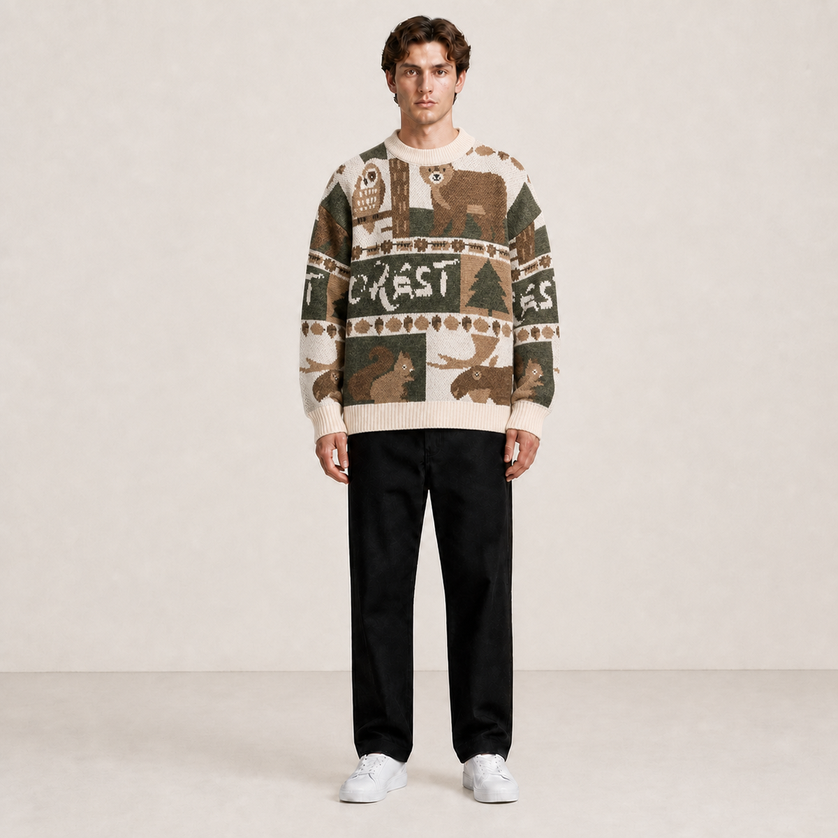 Pull blanc cassé à motifs animaux et forêt porté de face avec un pantalon noir.