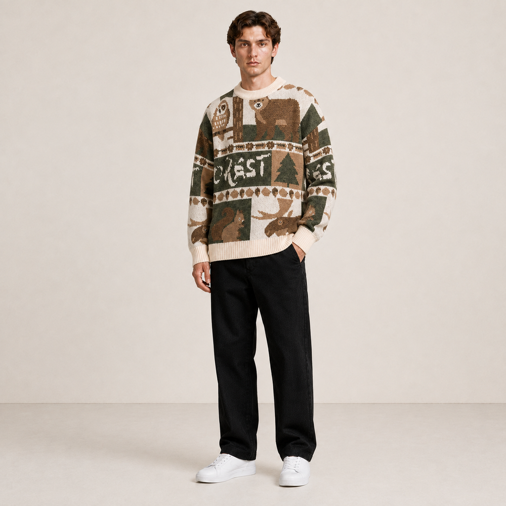 Pull blanc cassé à motifs animaux et forêt porté de trois quarts en studio.