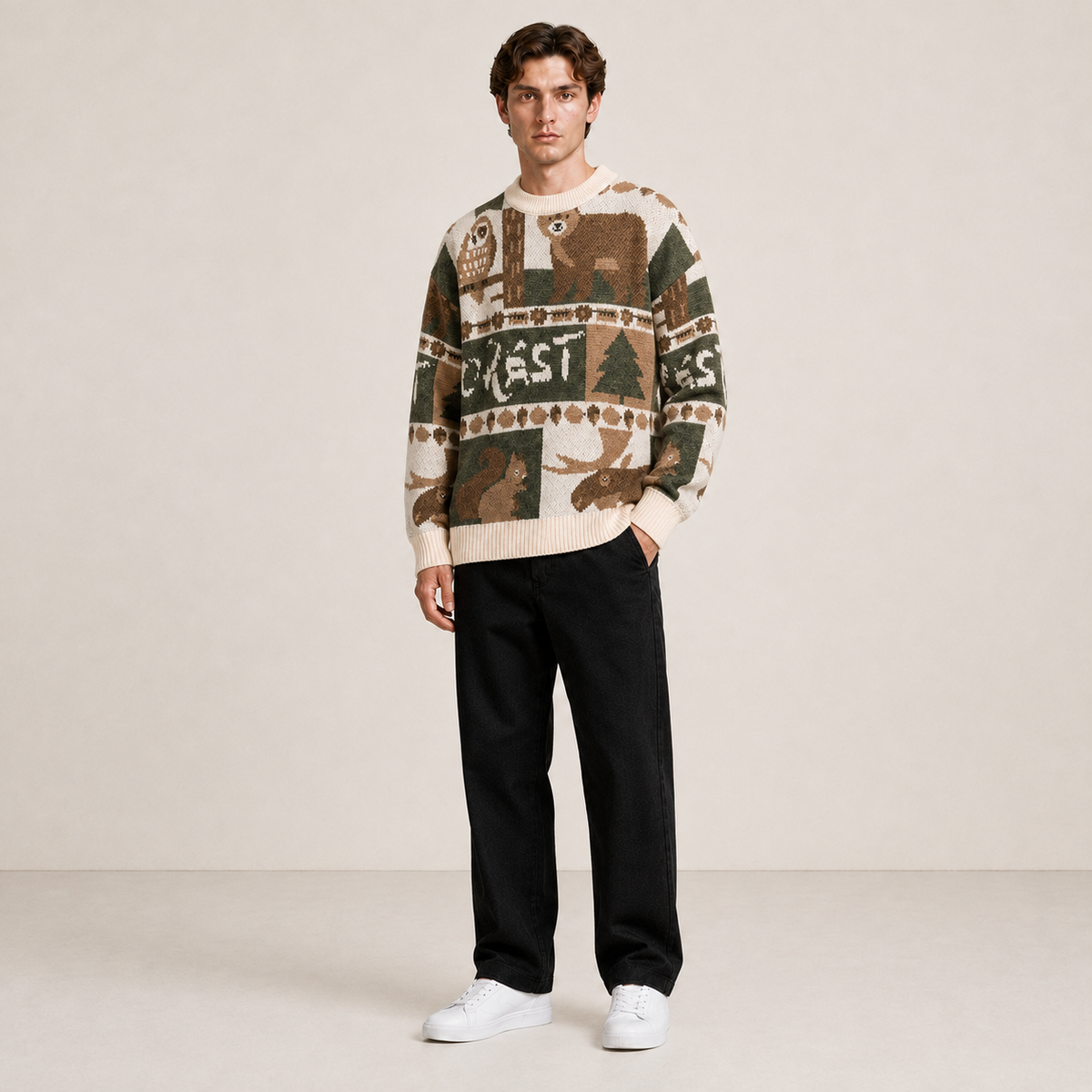 Pull blanc cassé à motifs animaux et forêt porté de trois quarts en studio.