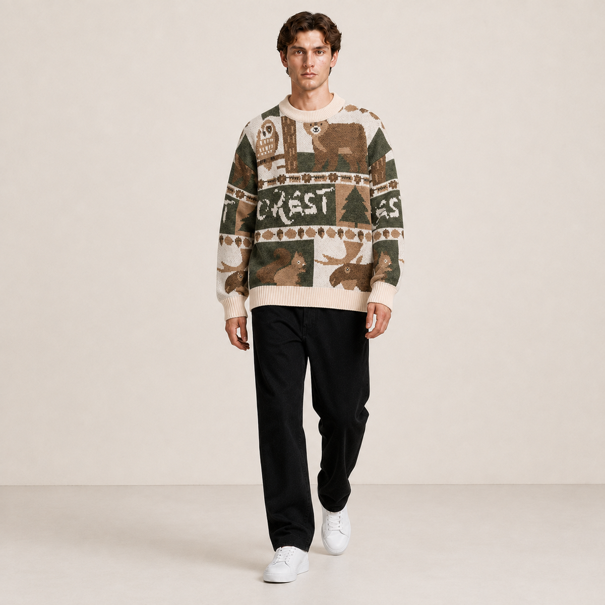 Pull blanc cassé à motifs animaux et forêt porté en mouvement avec un pantalon noir.