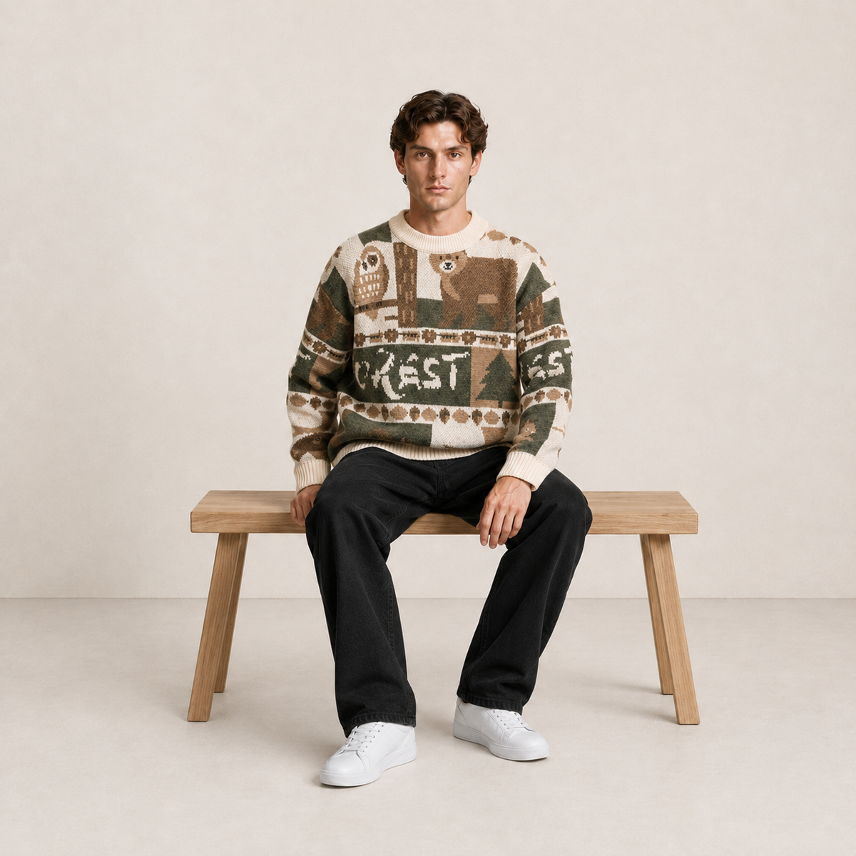 Pull blanc cassé à motifs animaux et forêt porté assis sur un banc en bois.