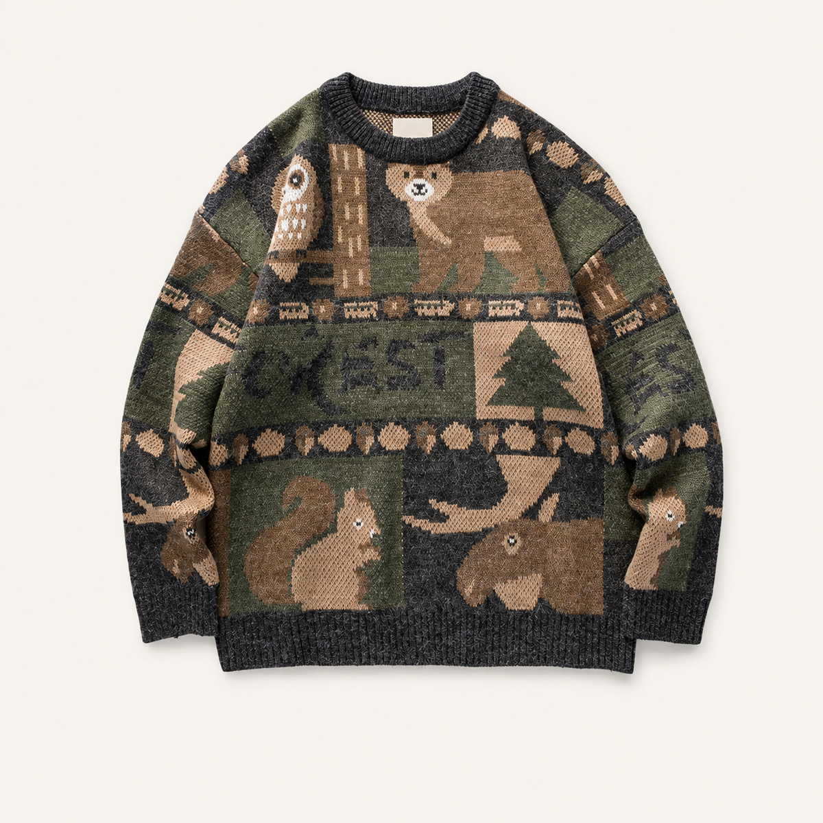 Pull en maille IVAREE gris foncé à motifs animaux et forêt, packshot de face.