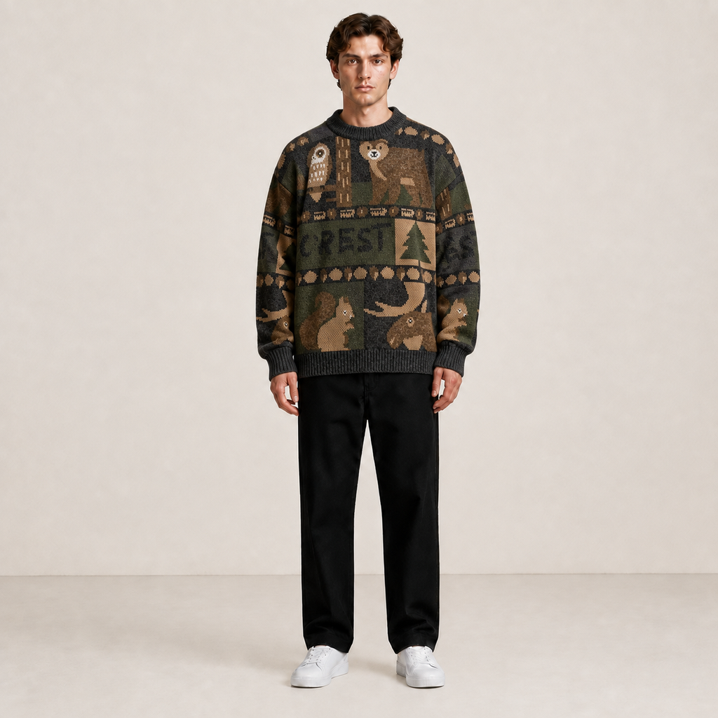 Pull gris foncé à motifs animaux et forêt porté de face avec un pantalon noir.