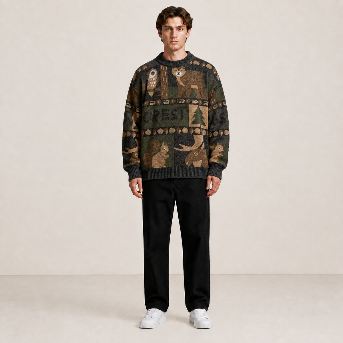Pull gris foncé à motifs animaux et forêt porté de face avec un pantalon noir.