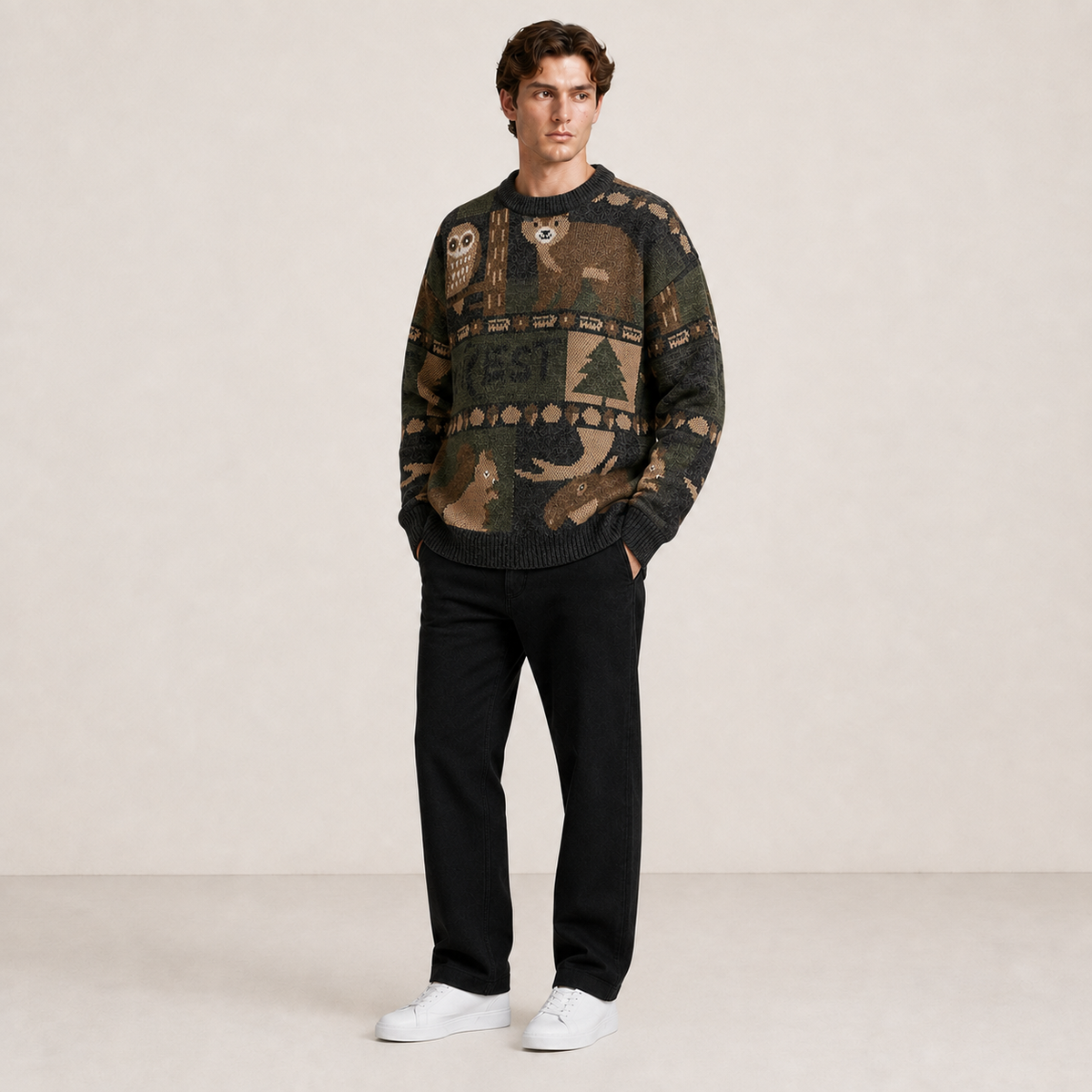 Pull gris foncé à motifs animaux et forêt porté de trois quarts en studio.