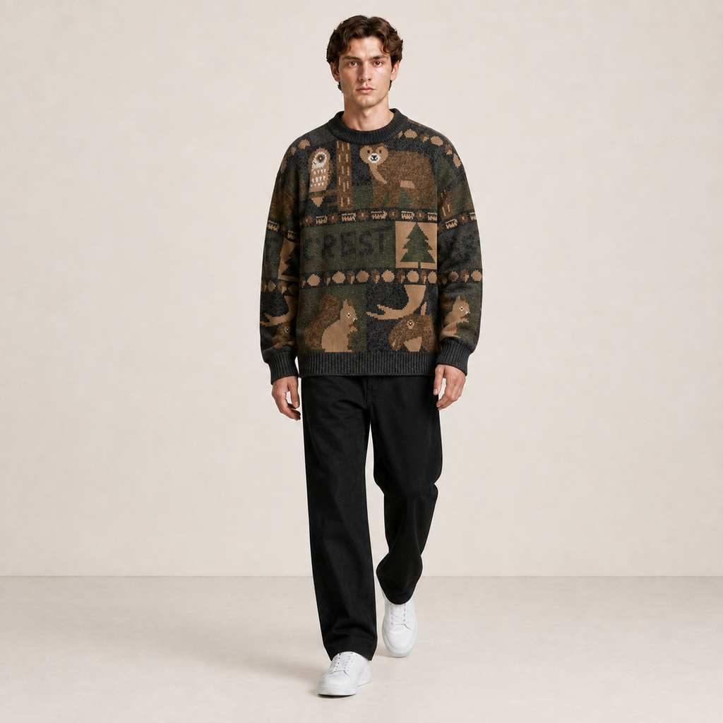 Pull gris foncé à motifs animaux et forêt porté en mouvement avec un pantalon noir.
