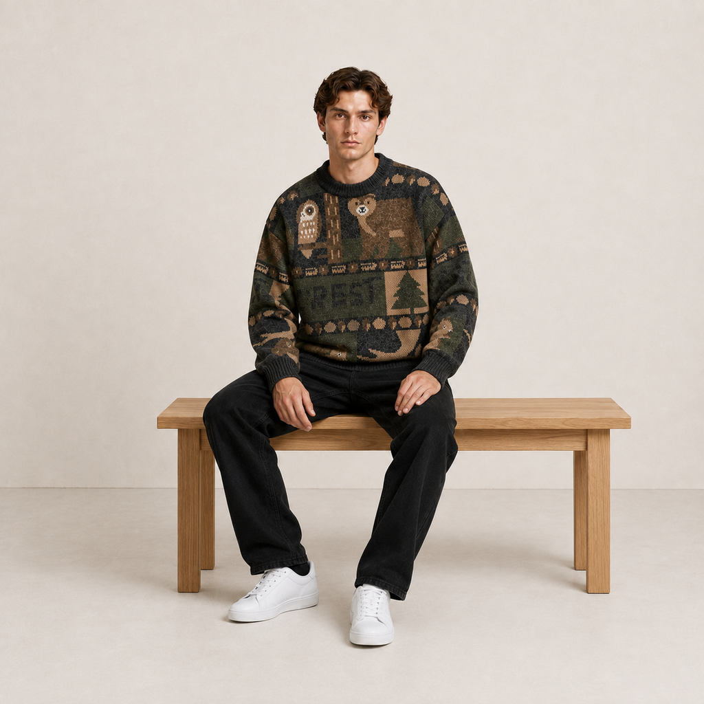 Pull gris foncé à motifs animaux et forêt porté assis sur un banc en bois.