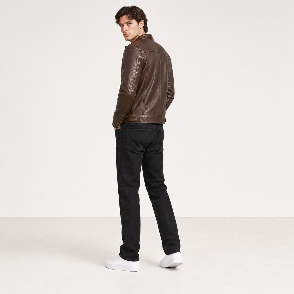 Veste cuir marron usée trois-quarts