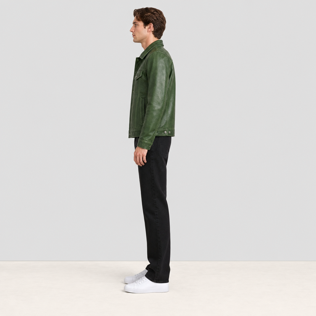 Veste en cuir vert patine profil