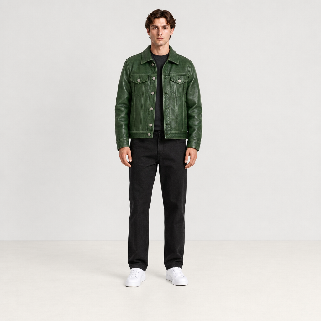 Veste en cuir vert patine vue de face
