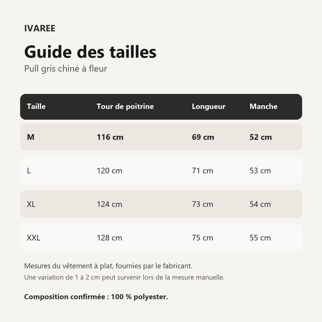 IVAREE — Pull gris chiné à fleur — guide des tailles