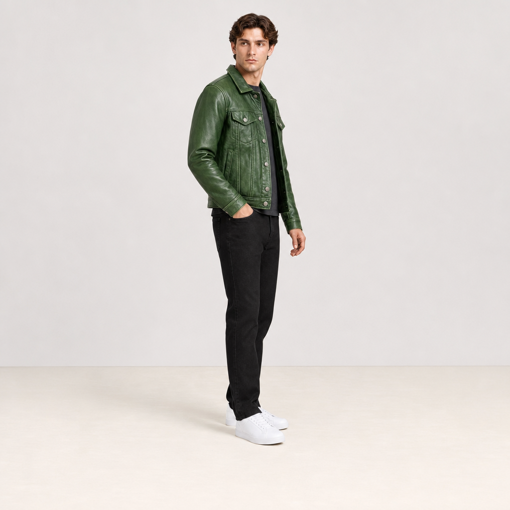 Veste en cuir vert patine trois-quarts