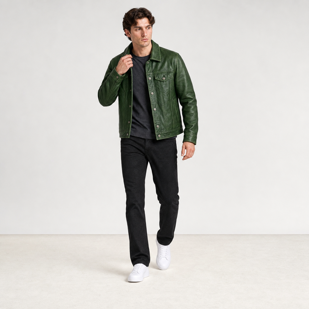 Veste en cuir vert patine pose-03