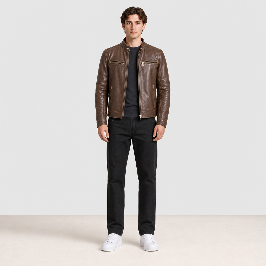 Veste cuir marron usée face