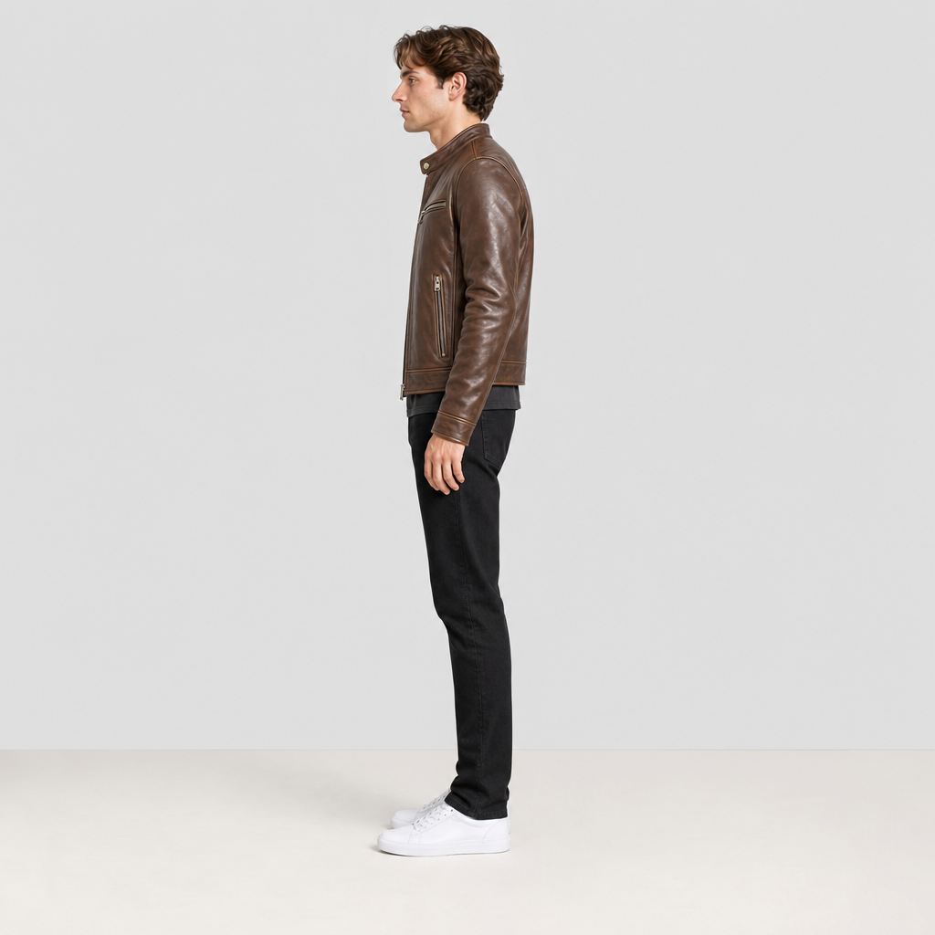 Veste cuir marron usée profil