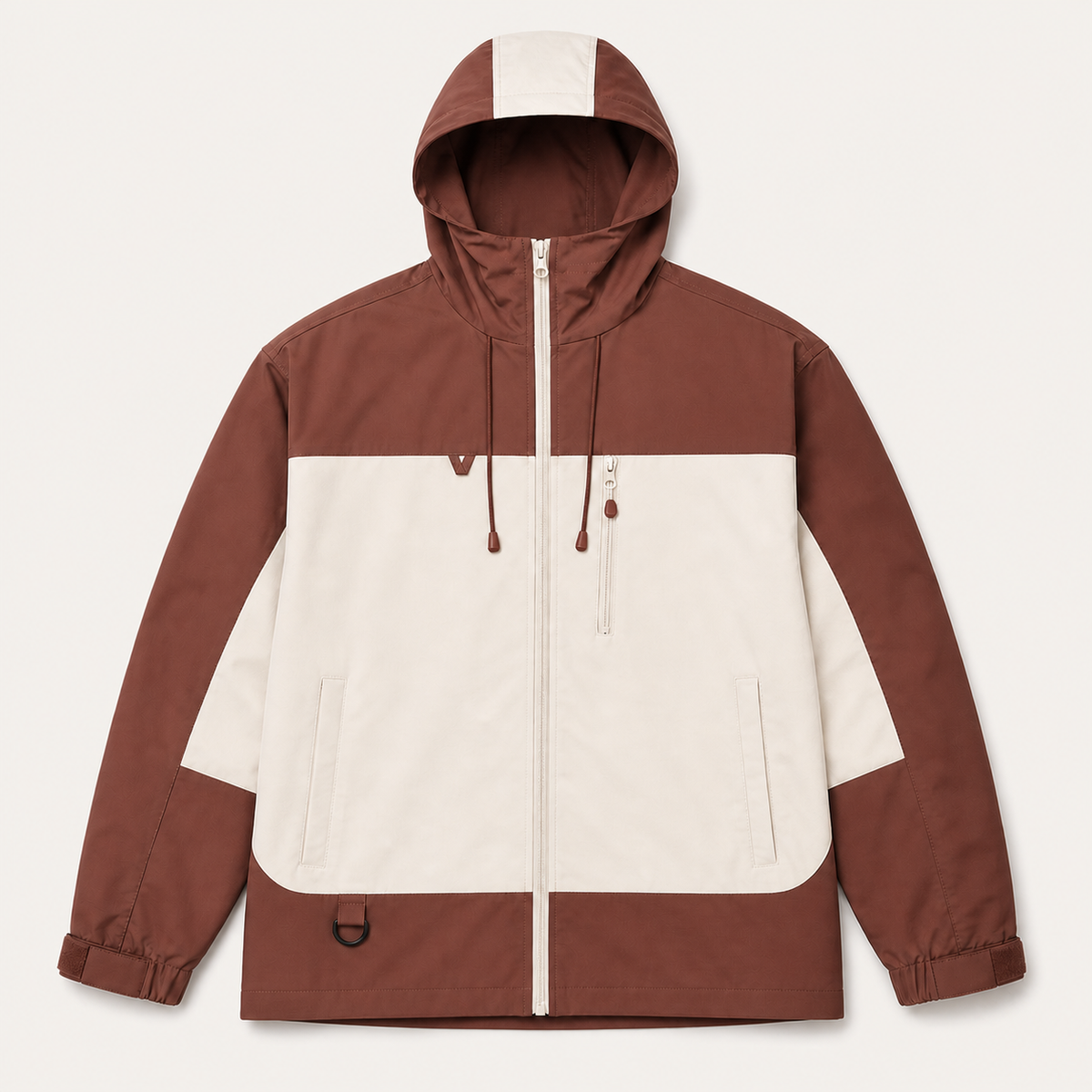 Veste JK600 brun et écru à capuche, vue de face, zip intégral et poche poitrine zippée.