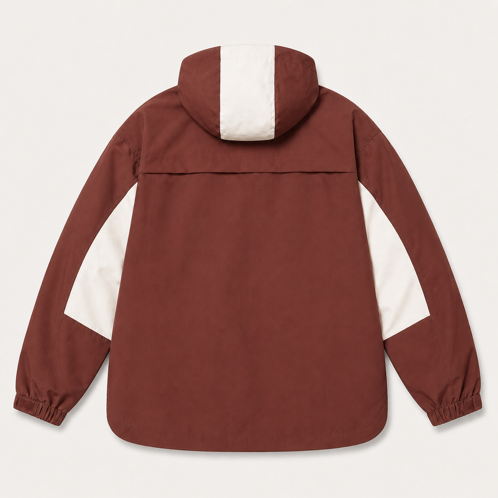 Veste JK600 brun et écru, vue de dos avec empiècement horizontal brun et bande centrale écrue sur la capuche.