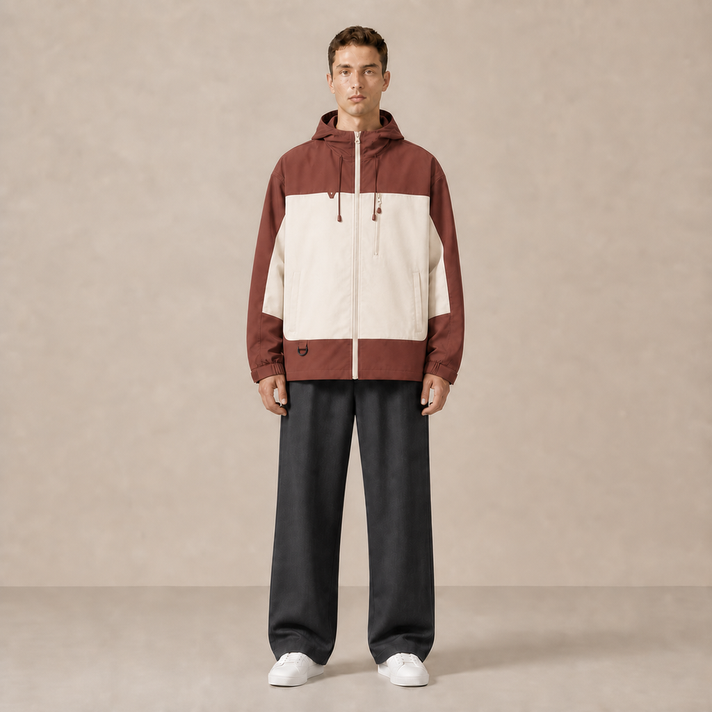 Veste à capuche JK600 brun et écru portée de face avec un pantalon sombre.