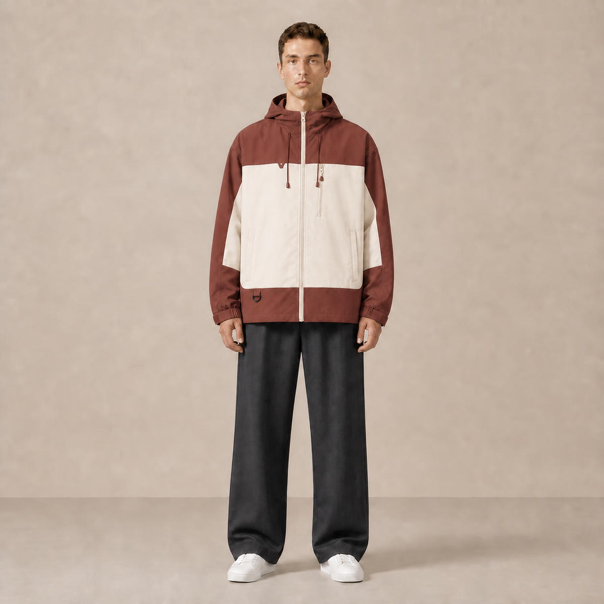 Veste à capuche JK600 brun et écru portée de face avec un pantalon sombre.