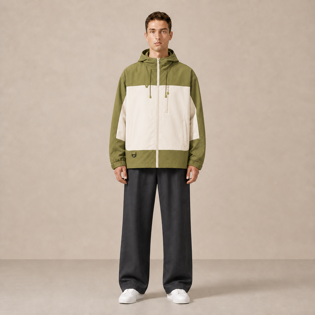 Veste à capuche JK600 kaki et écru portée de face avec un pantalon sombre.