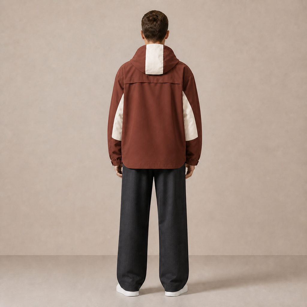 Veste JK600 brun et écru portée de dos, capuche baissée.