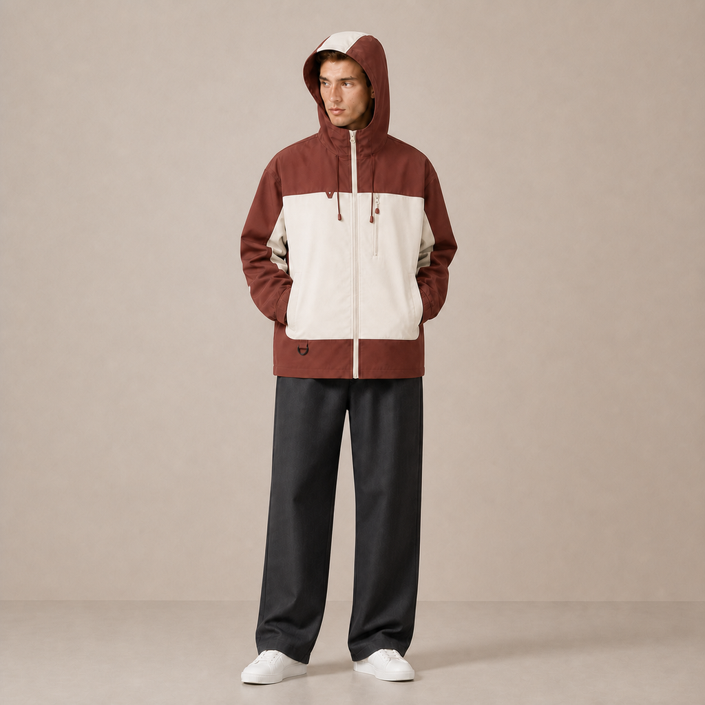 Veste bicolore JK600 brun et écru portée avec la capuche relevée.