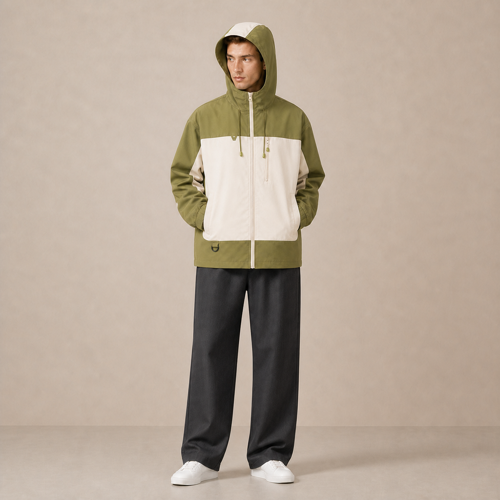 Veste bicolore JK600 portée avec la capuche relevée.