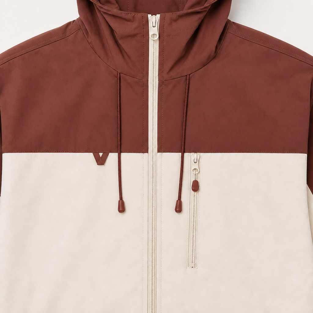 Détail de la poche poitrine zippée, du zip central et des cordons de la veste JK600 brun et écru.