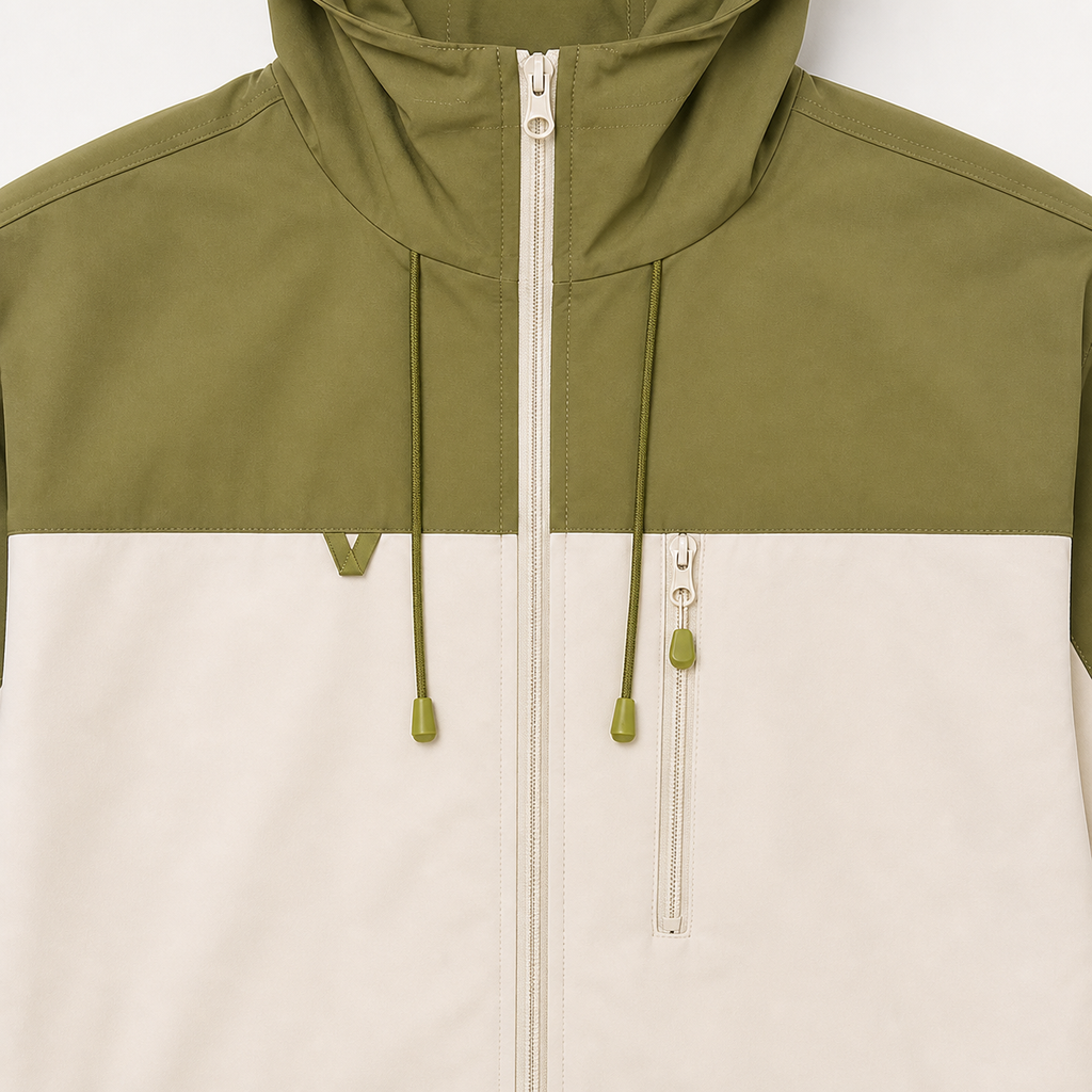 Détail de la poche poitrine zippée, du zip central et des cordons de la veste JK600.