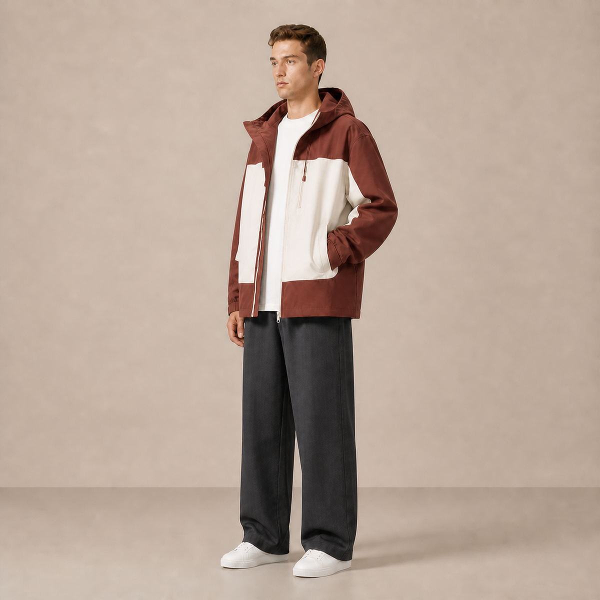 Veste JK600 brun et écru portée ouverte sur un t-shirt blanc, vue de trois quarts.