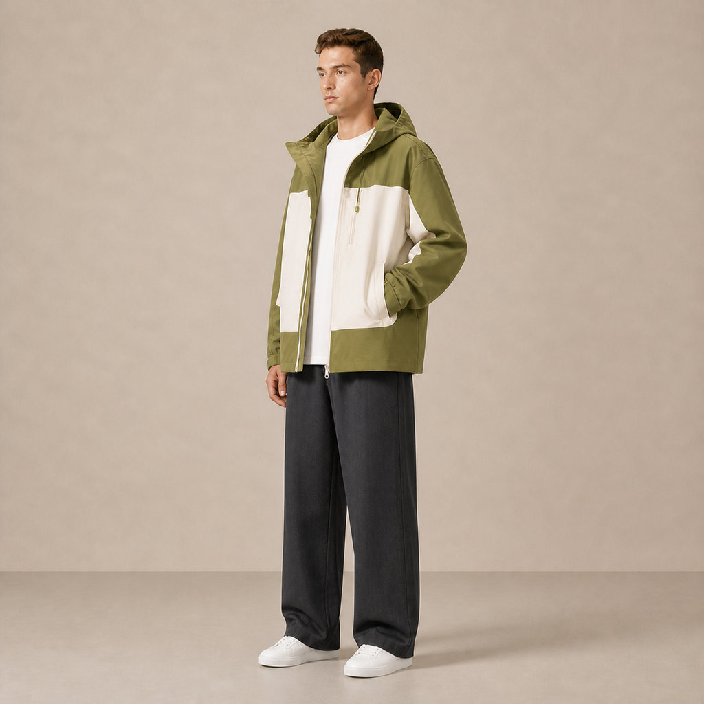 Veste JK600 kaki et écru portée ouverte sur un t-shirt blanc, vue de trois quarts.