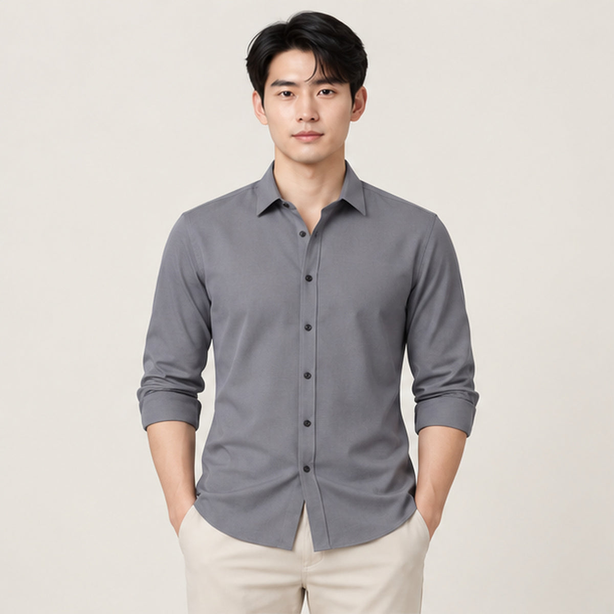 Chemise slim à col officier Gris portée — IVAREE