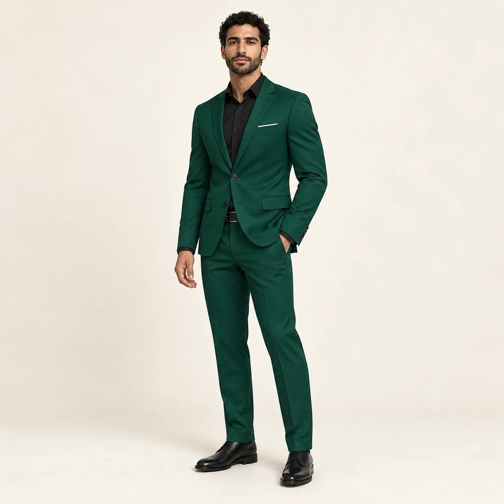 Costume formel coupe slim Vert — vue trois-quarts, mannequin ivaree-model-diversite-03, studio IVAREE