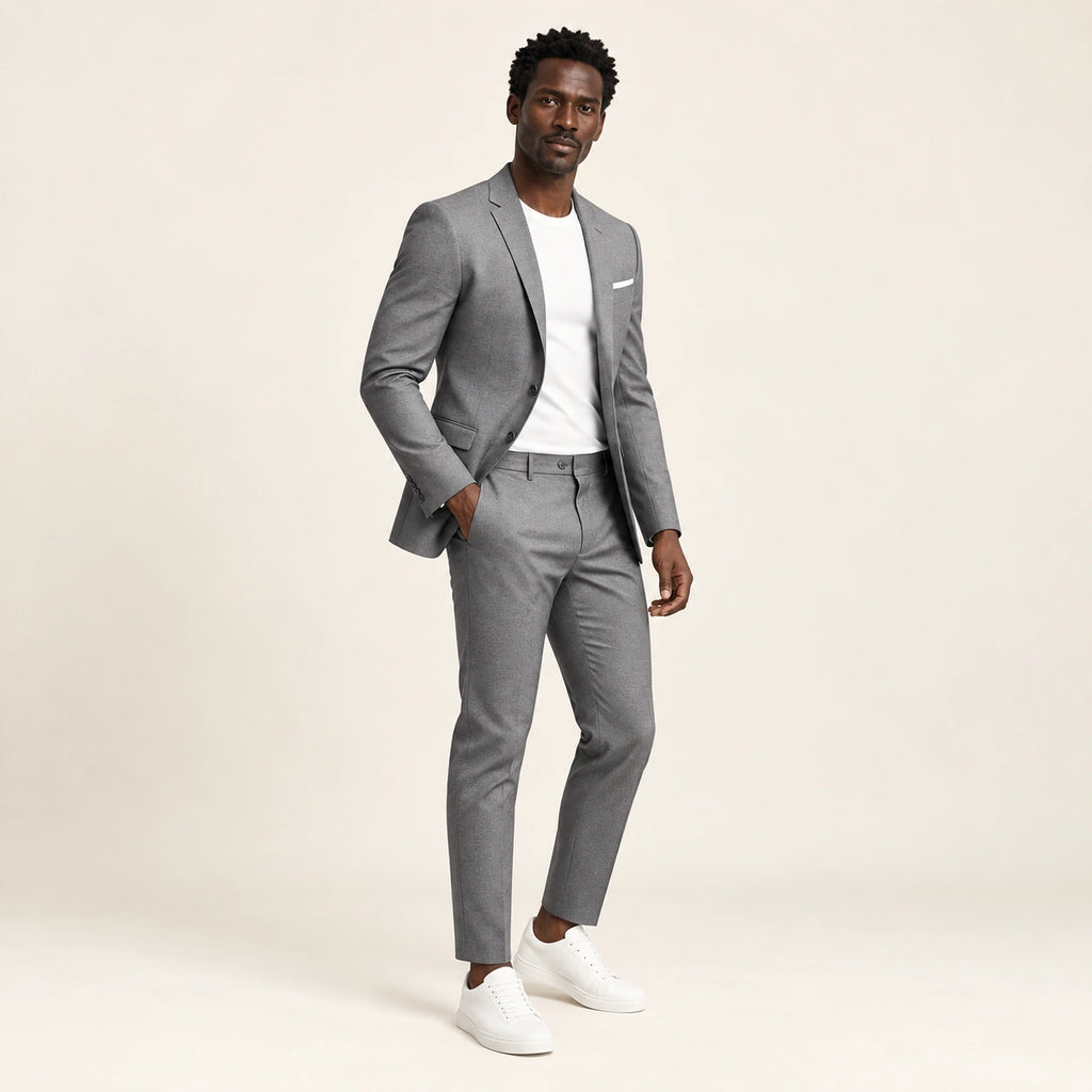 Costume slim à revers fins Gris — vue trois-quarts, mannequin ivaree-model-diversite-02, studio IVAREE