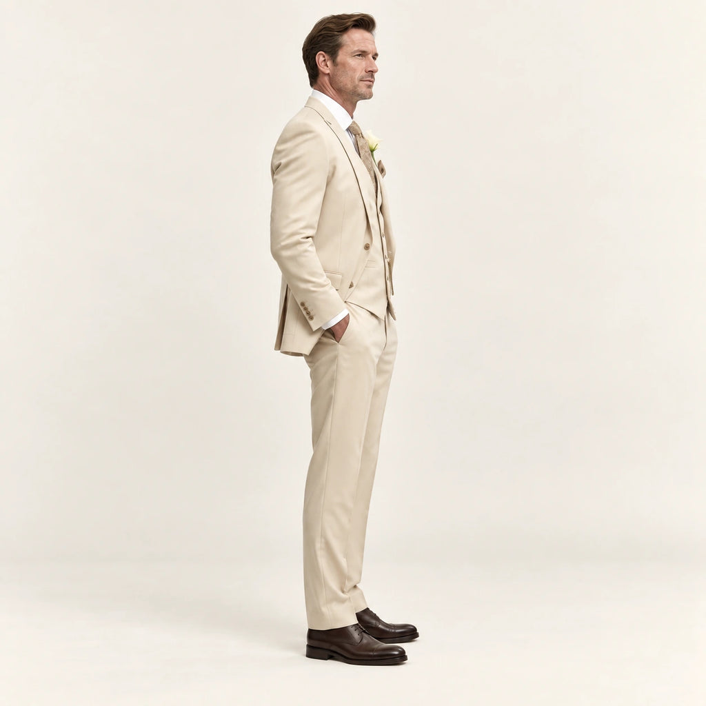 Costume trois pièces coupe moderne Beige — vue profil, mannequin ivaree-model-diversite-05, studio IVAREE