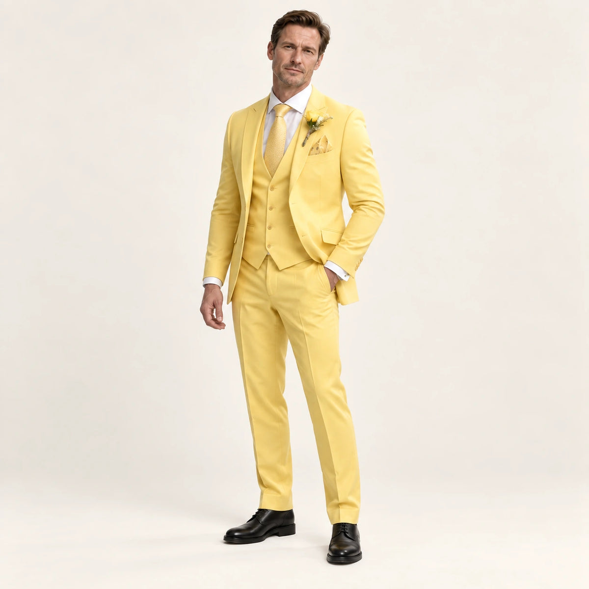 Costume trois pièces coupe moderne Jaune — vue trois-quarts, mannequin ivaree-model-diversite-05, studio IVAREE