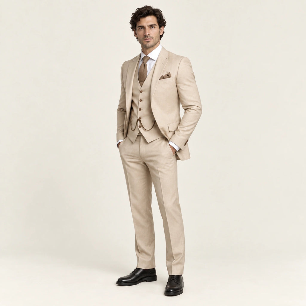 Costume trois pièces classique Beige — vue trois-quarts, mannequin ivaree-model-diversite-04, studio IVAREE