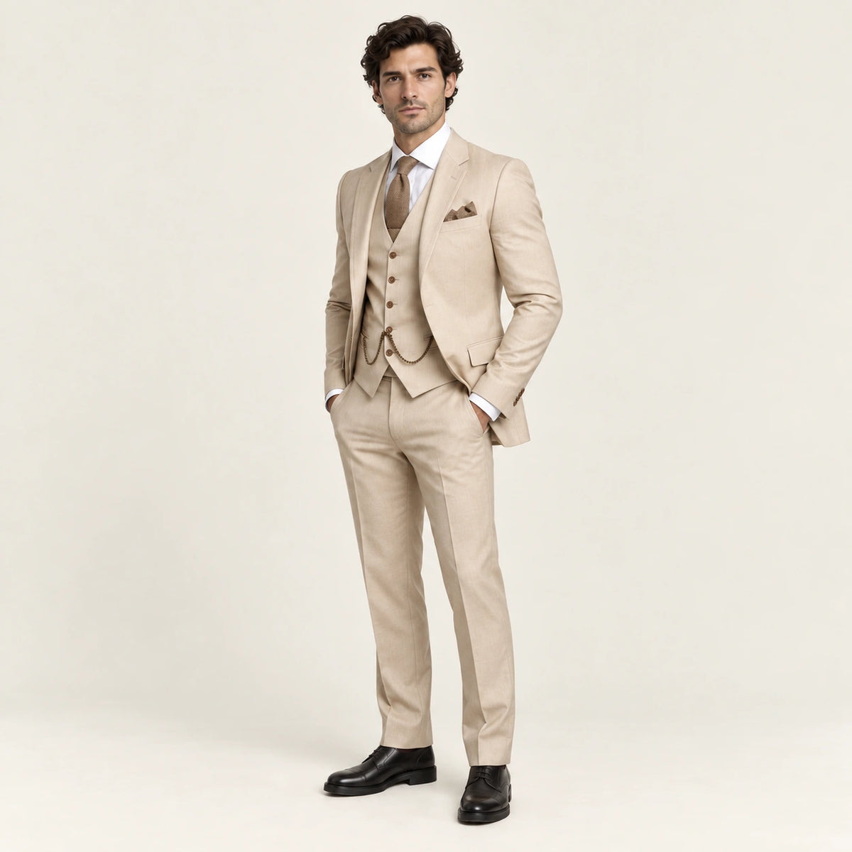 Costume trois pièces classique Beige — vue trois-quarts, mannequin ivaree-model-diversite-04, studio IVAREE