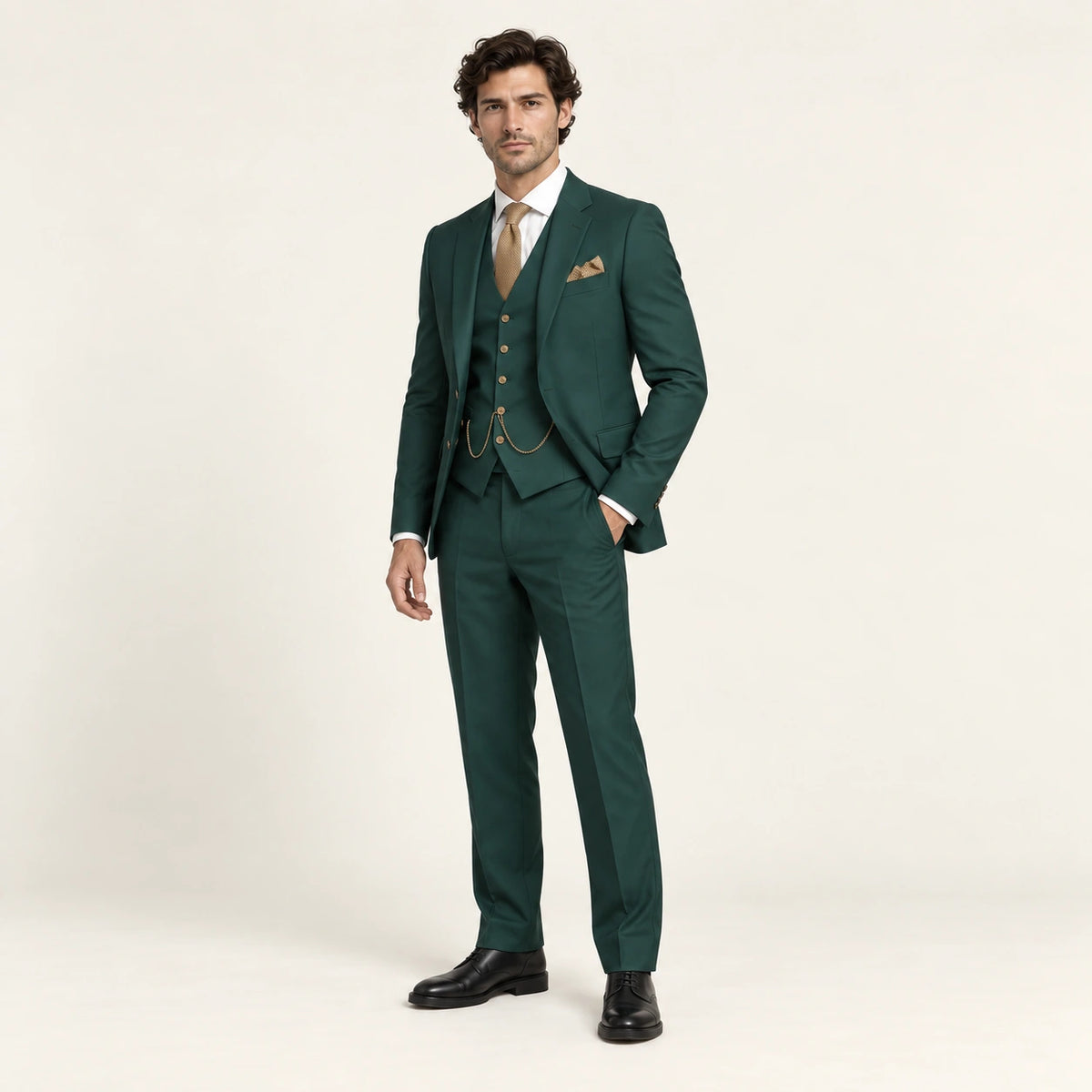 Costume trois pièces classique Vert — vue trois-quarts, mannequin ivaree-model-diversite-04, studio IVAREE