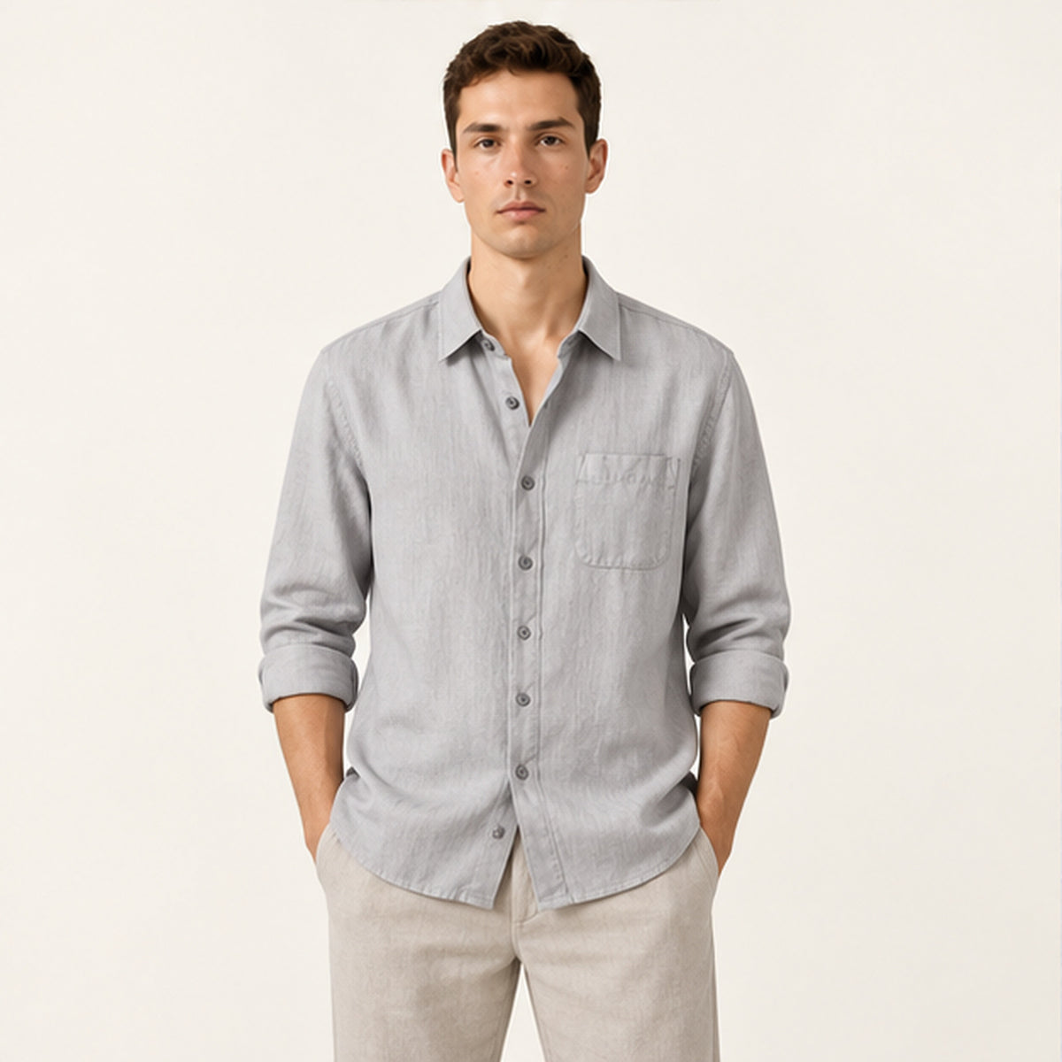 Chemise en lin Gris portée — IVAREE