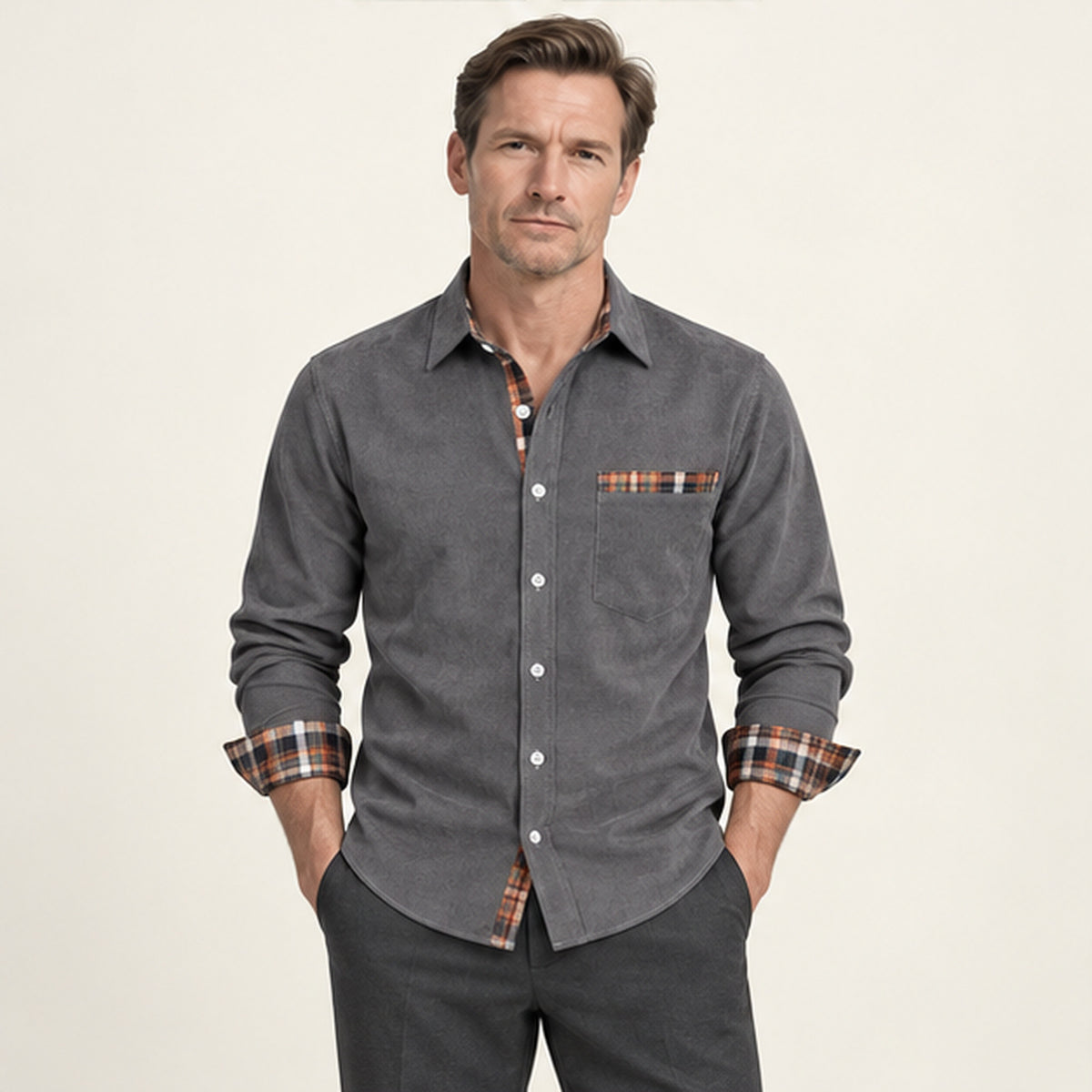 Chemise en velours côtelé à doublure carreaux Gris foncé portée — IVAREE