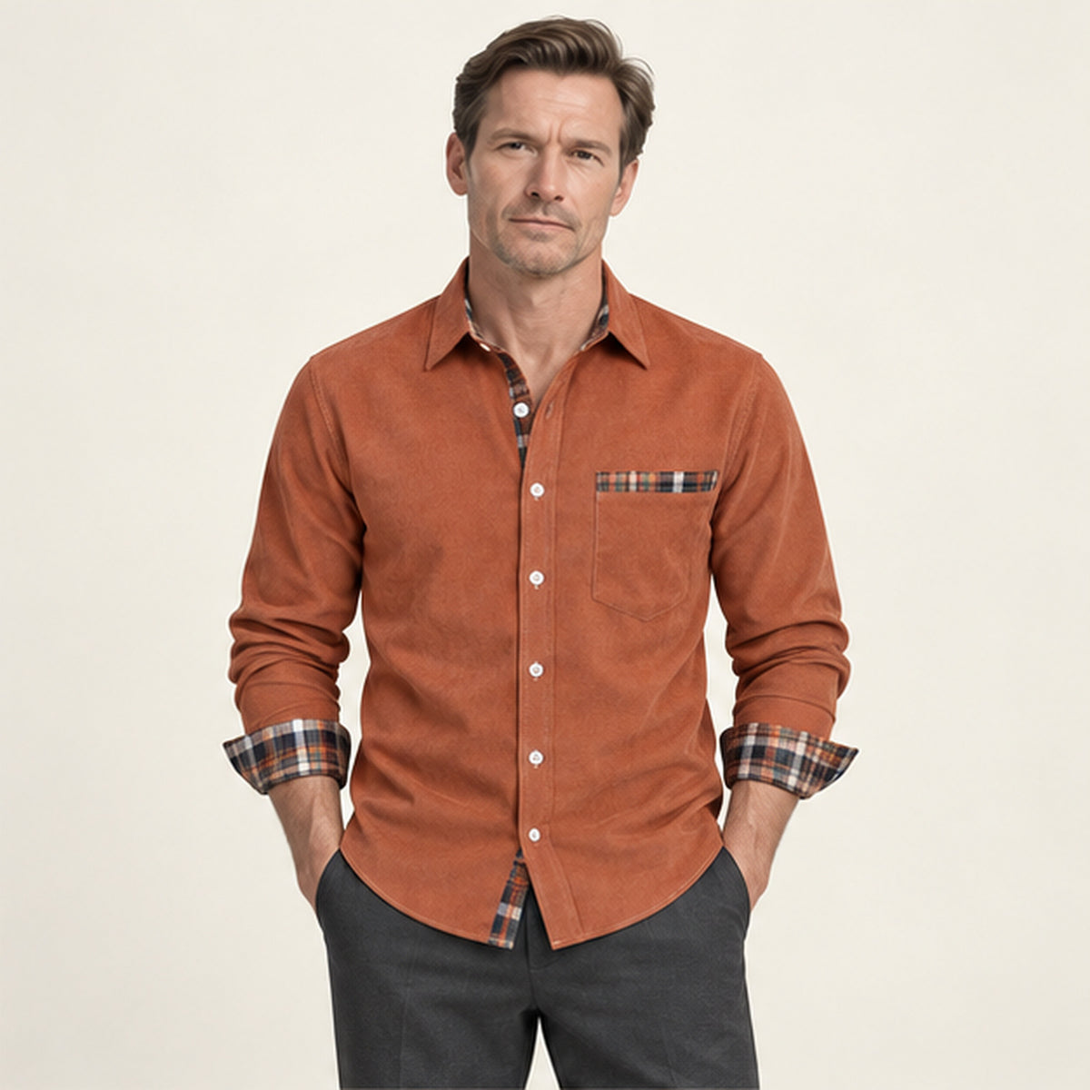 Chemise en velours côtelé à doublure carreaux Marron clair portée — IVAREE