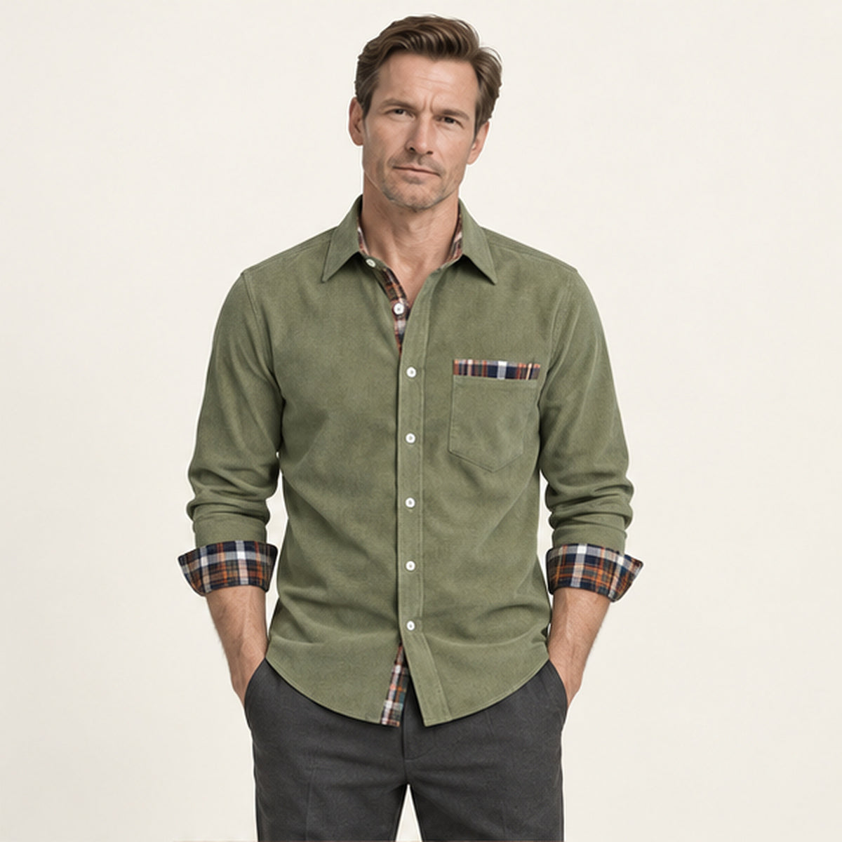 Chemise en velours côtelé à doublure carreaux Vert matcha portée — IVAREE